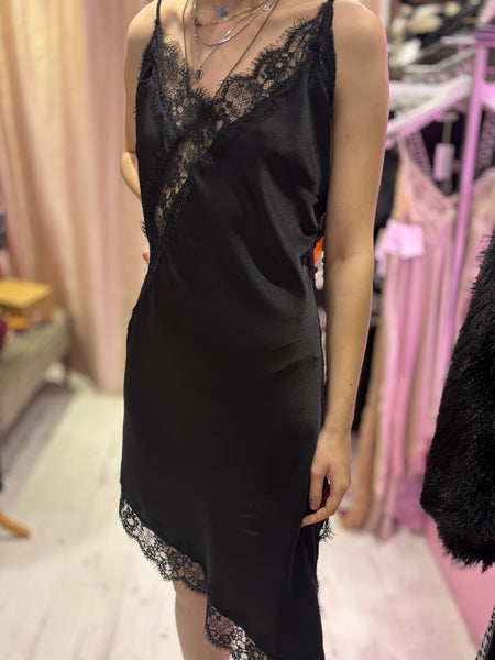 Lace Detail Satin Asymmetric Dress | Black