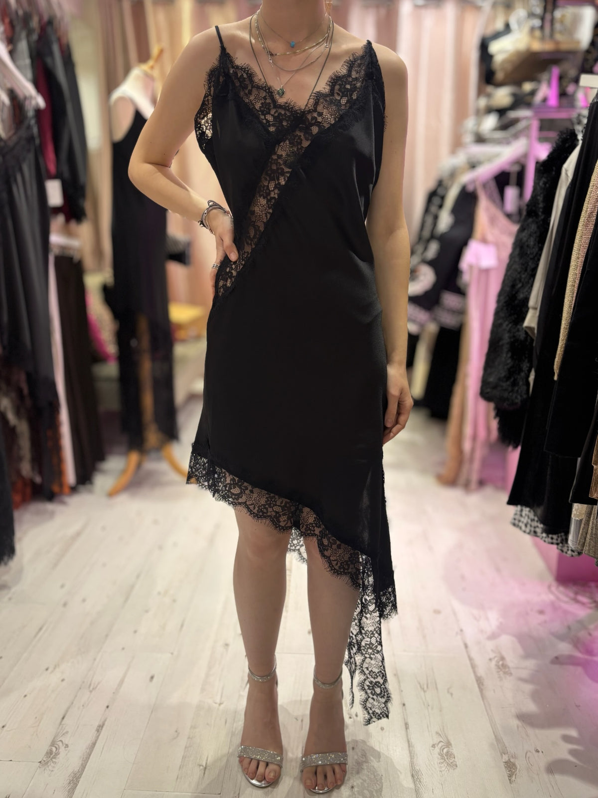Lace Detail Satin Asymmetric Dress | Black