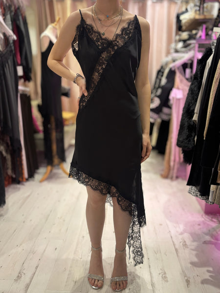 Lace Detail Satin Asymmetric Dress | Black