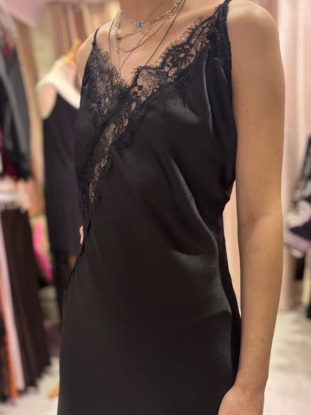 Lace Detail Satin Asymmetric Dress | Black