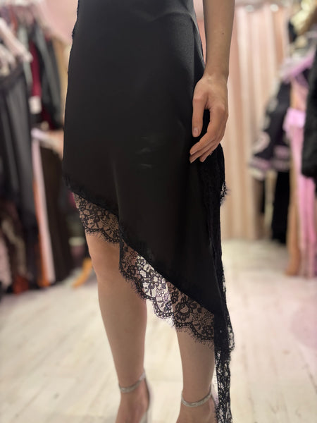 Lace Detail Satin Asymmetric Dress | Black