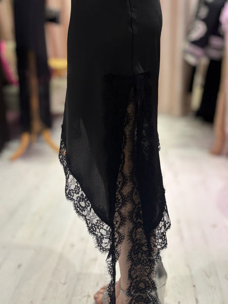 Lace Detail Satin Asymmetric Dress | Black