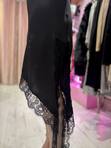 Lace Detail Satin Asymmetric Dress | Black