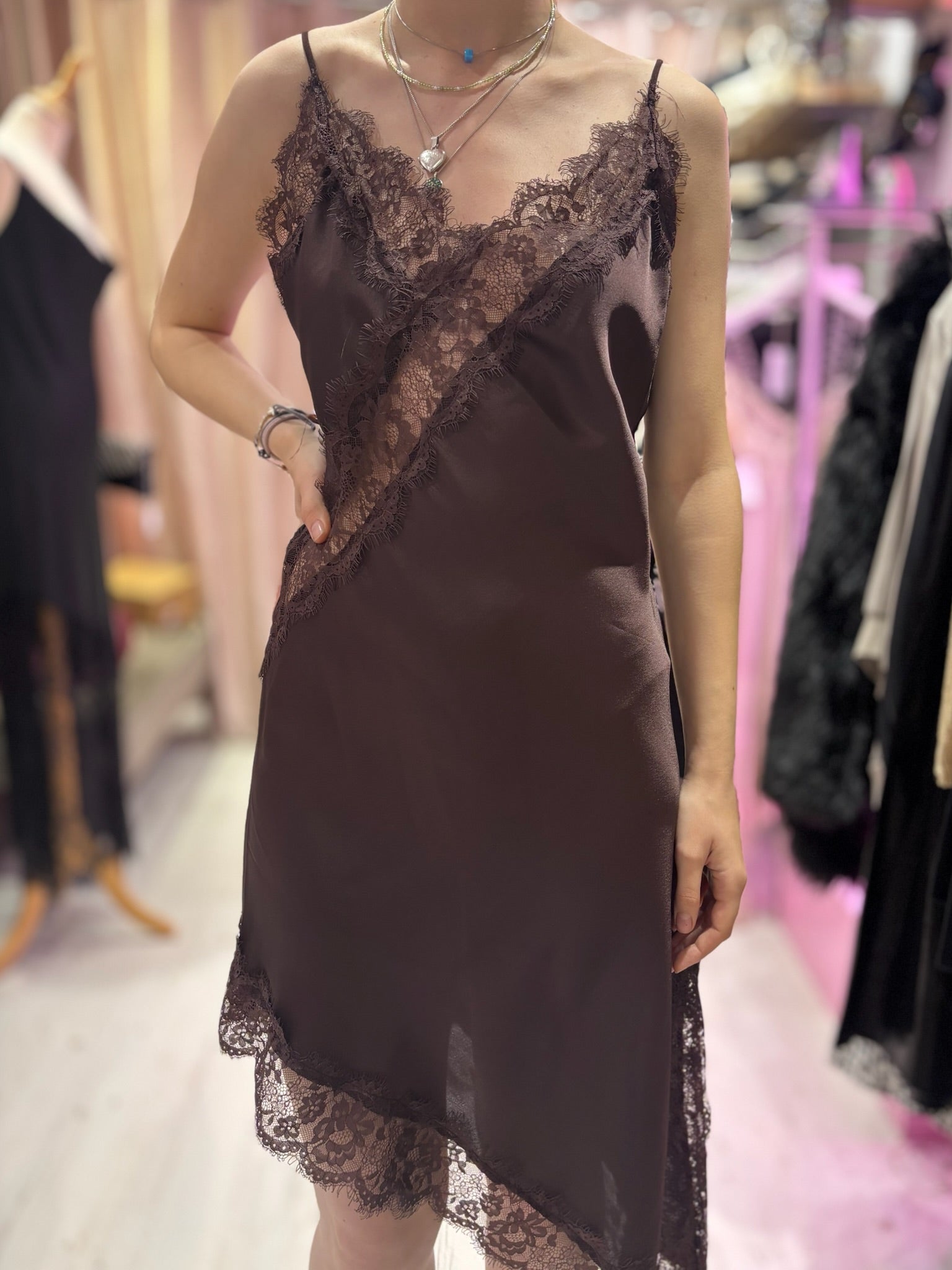 Lace Detail Satin Asymmetric Dress | Chocolate