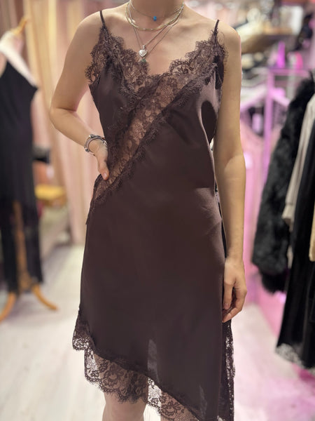Lace Detail Satin Asymmetric Dress | Chocolate
