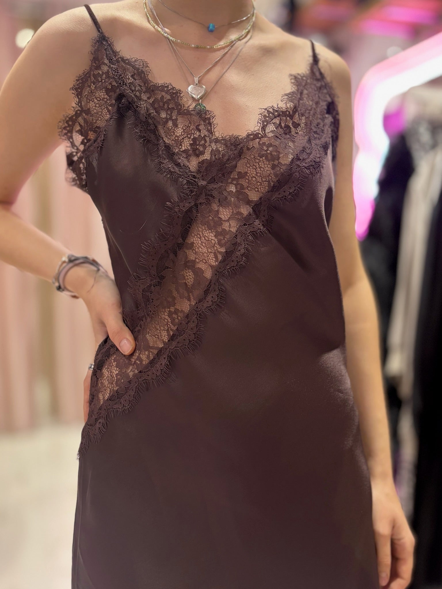 Lace Detail Satin Asymmetric Dress | Chocolate