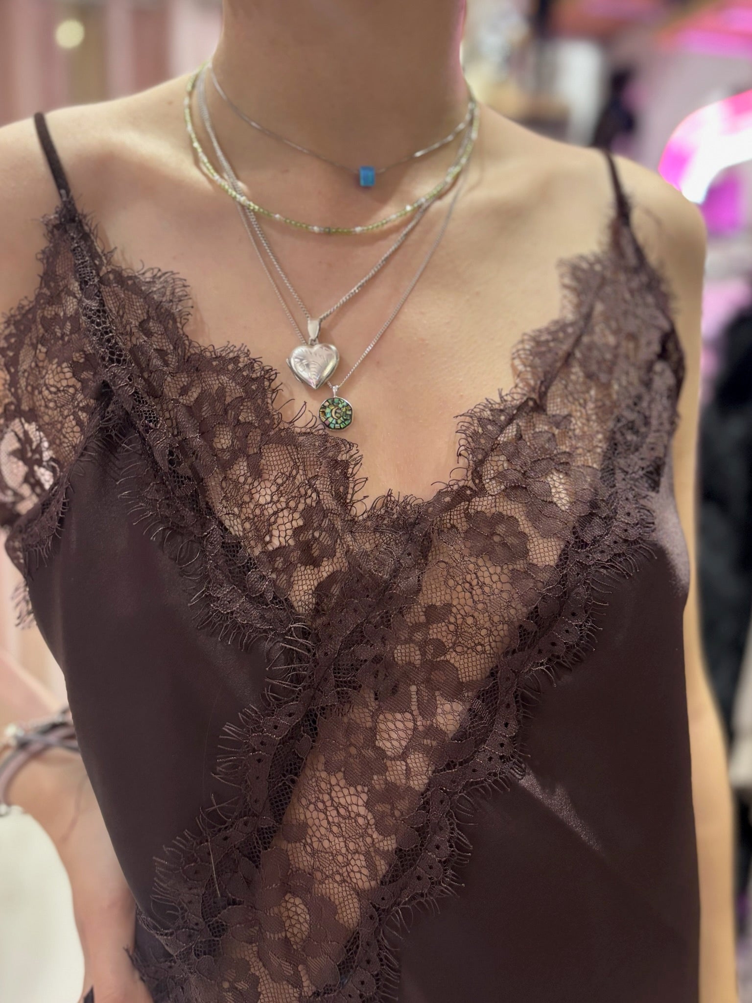 Lace Detail Satin Asymmetric Dress | Chocolate