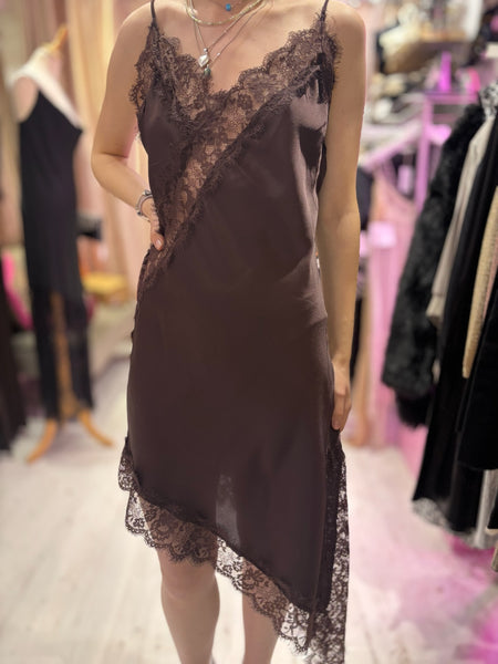 Lace Detail Satin Asymmetric Dress | Chocolate