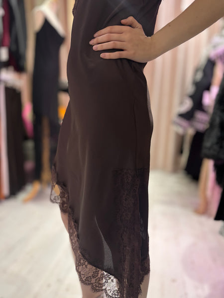 Lace Detail Satin Asymmetric Dress | Chocolate