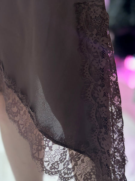 Lace Detail Satin Asymmetric Dress | Chocolate