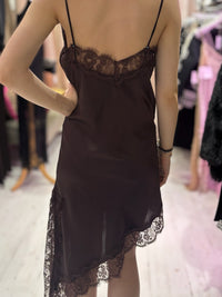 Lace Detail Satin Asymmetric Dress | Chocolate