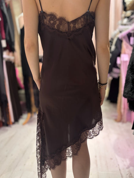 Lace Detail Satin Asymmetric Dress | Chocolate