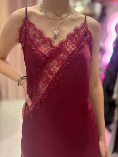 Lace Detail Satin Asymmetric Dress | Deep Wine