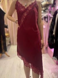 Lace Detail Satin Asymmetric Dress | Deep Wine