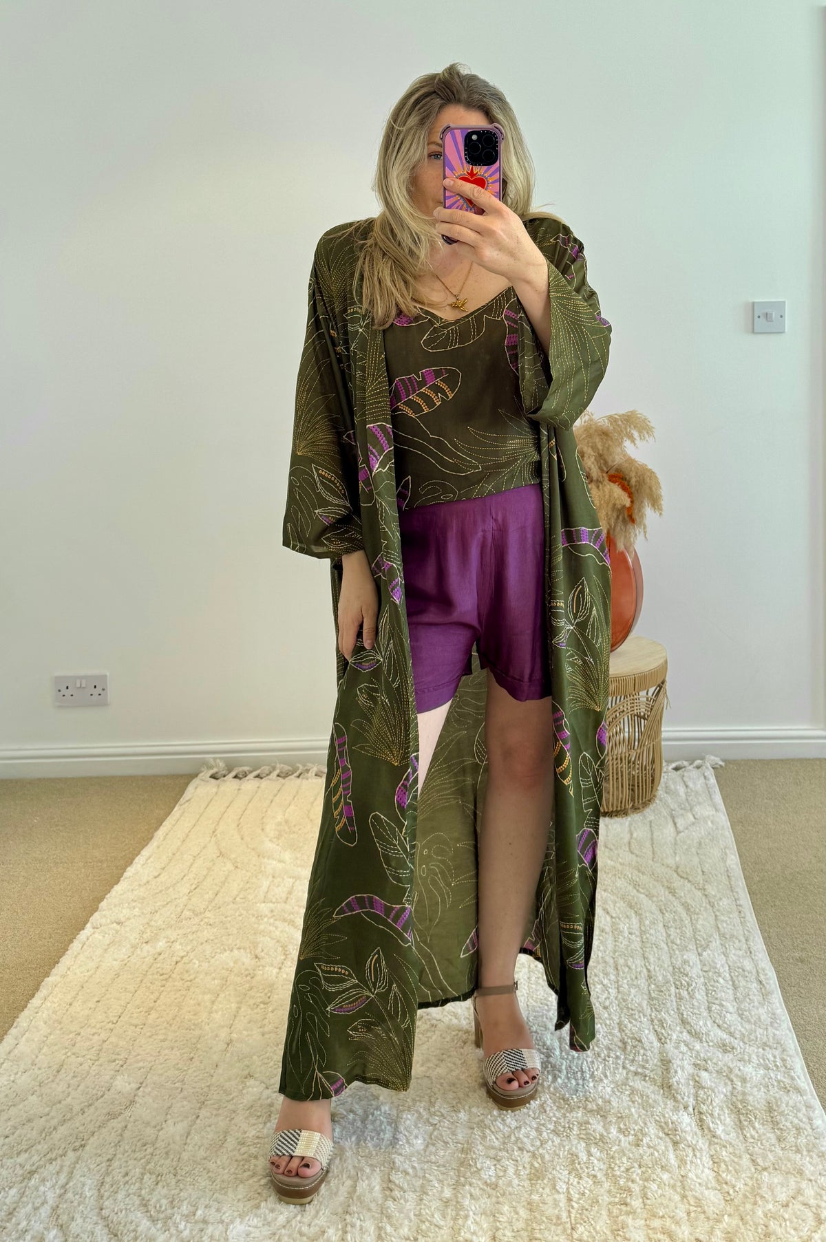 Kira Maxi Kimono | Khaki Graphic Tropical Print