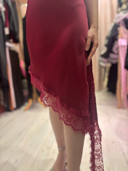 Lace Detail Satin Asymmetric Dress | Deep Wine