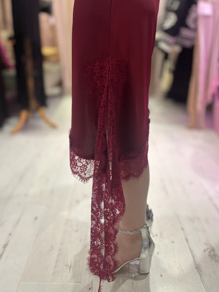 Lace Detail Satin Asymmetric Dress | Deep Wine