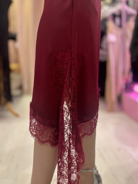 Lace Detail Satin Asymmetric Dress | Deep Wine