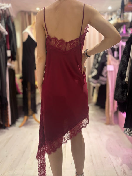 Lace Detail Satin Asymmetric Dress | Deep Wine