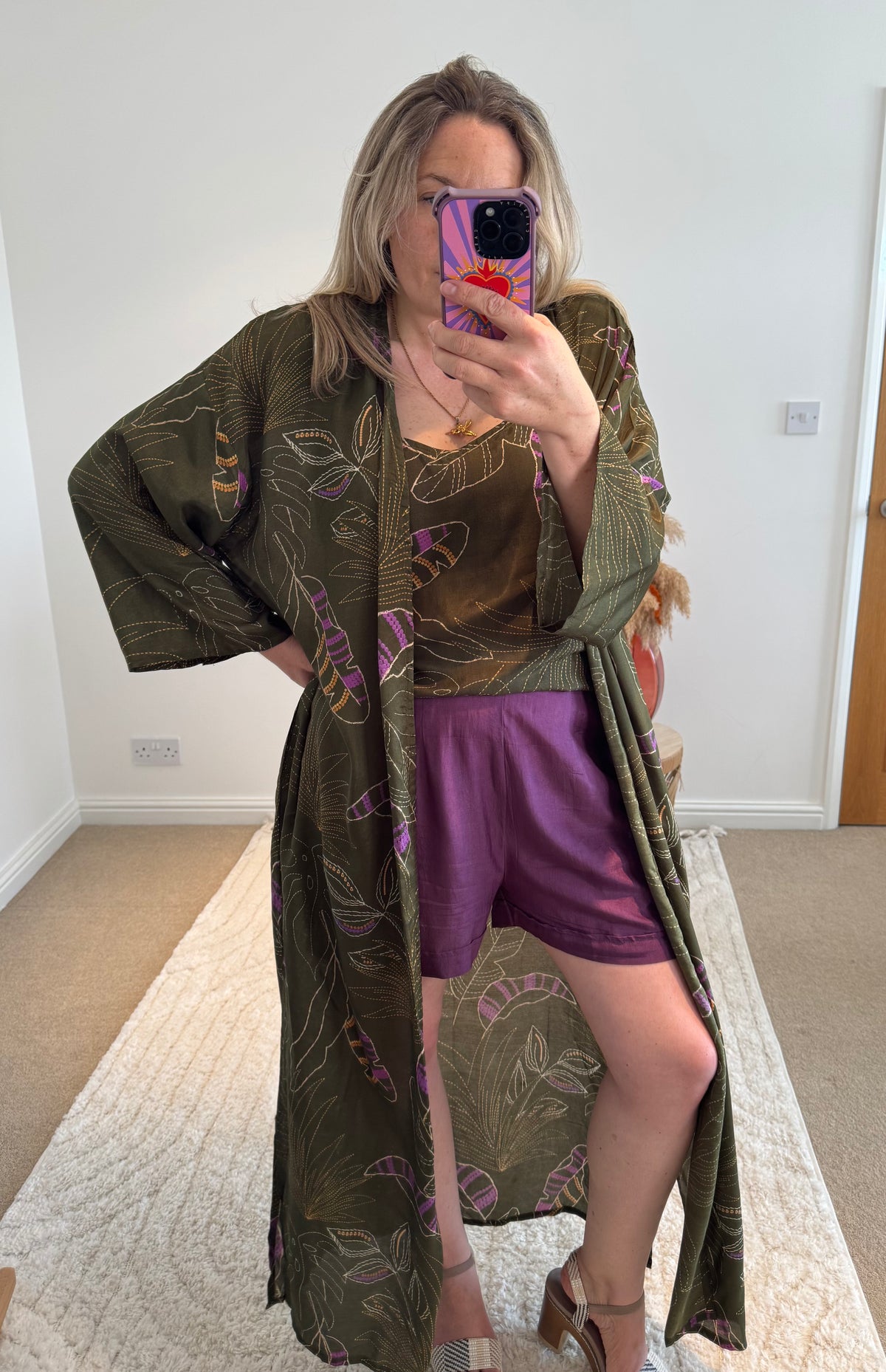 Kira Maxi Kimono | Khaki Graphic Tropical Print