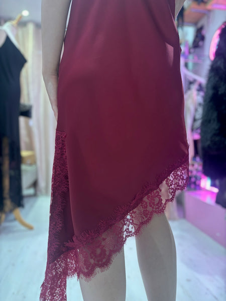 Lace Detail Satin Asymmetric Dress | Deep Wine