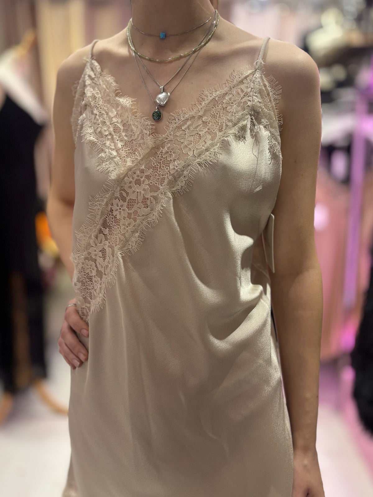 Lace Detail Satin Asymmetric Dress | Champagne