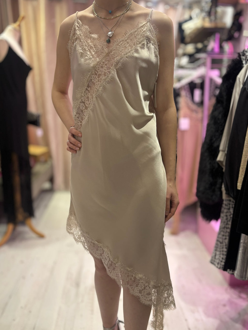 Lace Detail Satin Asymmetric Dress | Champagne