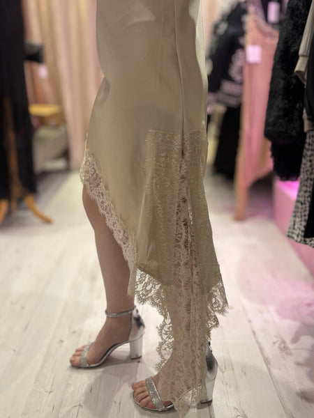Lace Detail Satin Asymmetric Dress | Champagne