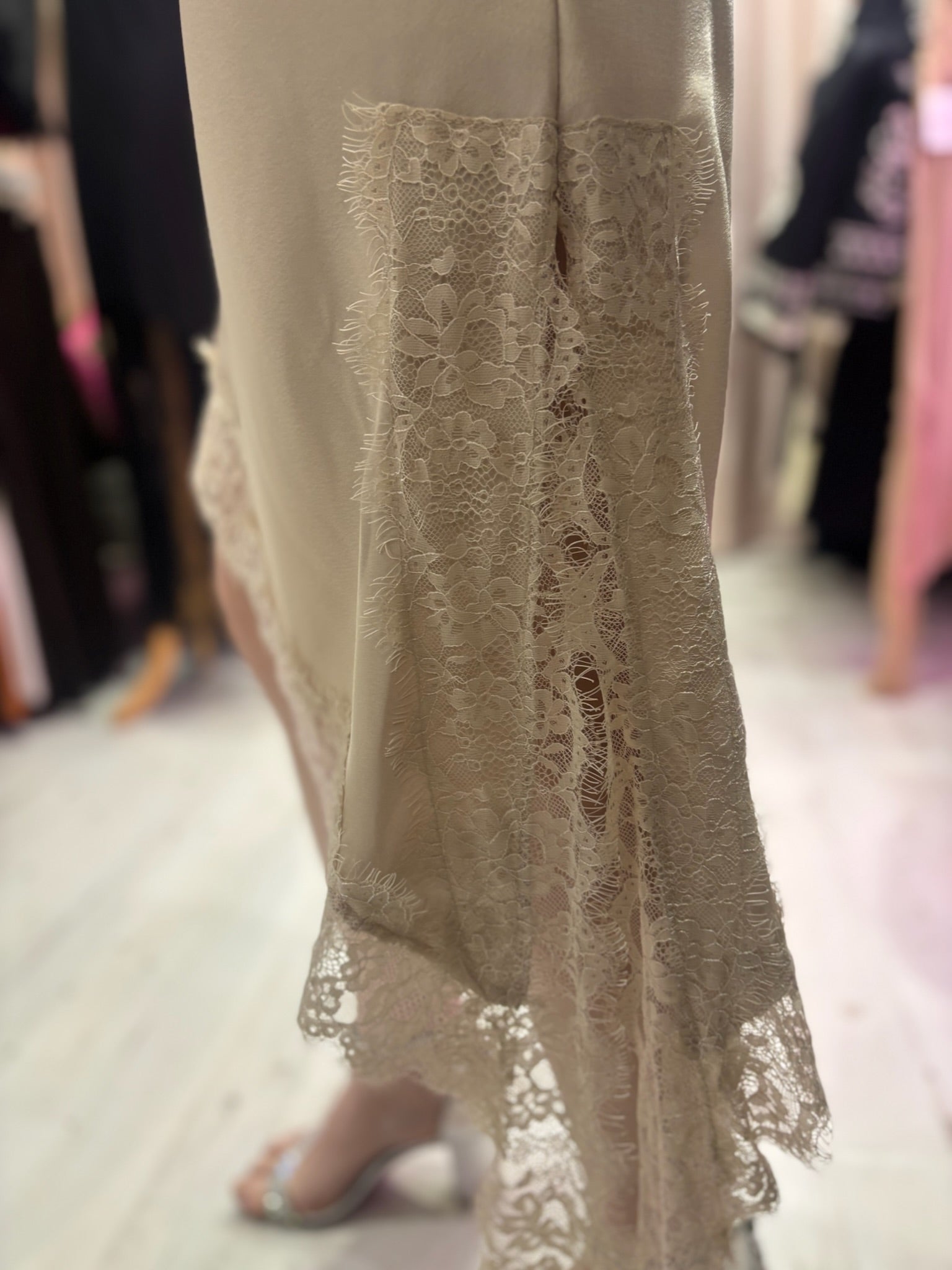 Lace Detail Satin Asymmetric Dress | Champagne