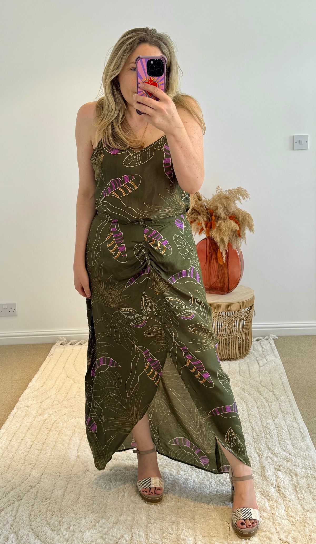 Thea Split Front Maxi Skirt | Khaki Graphic Tropical Print