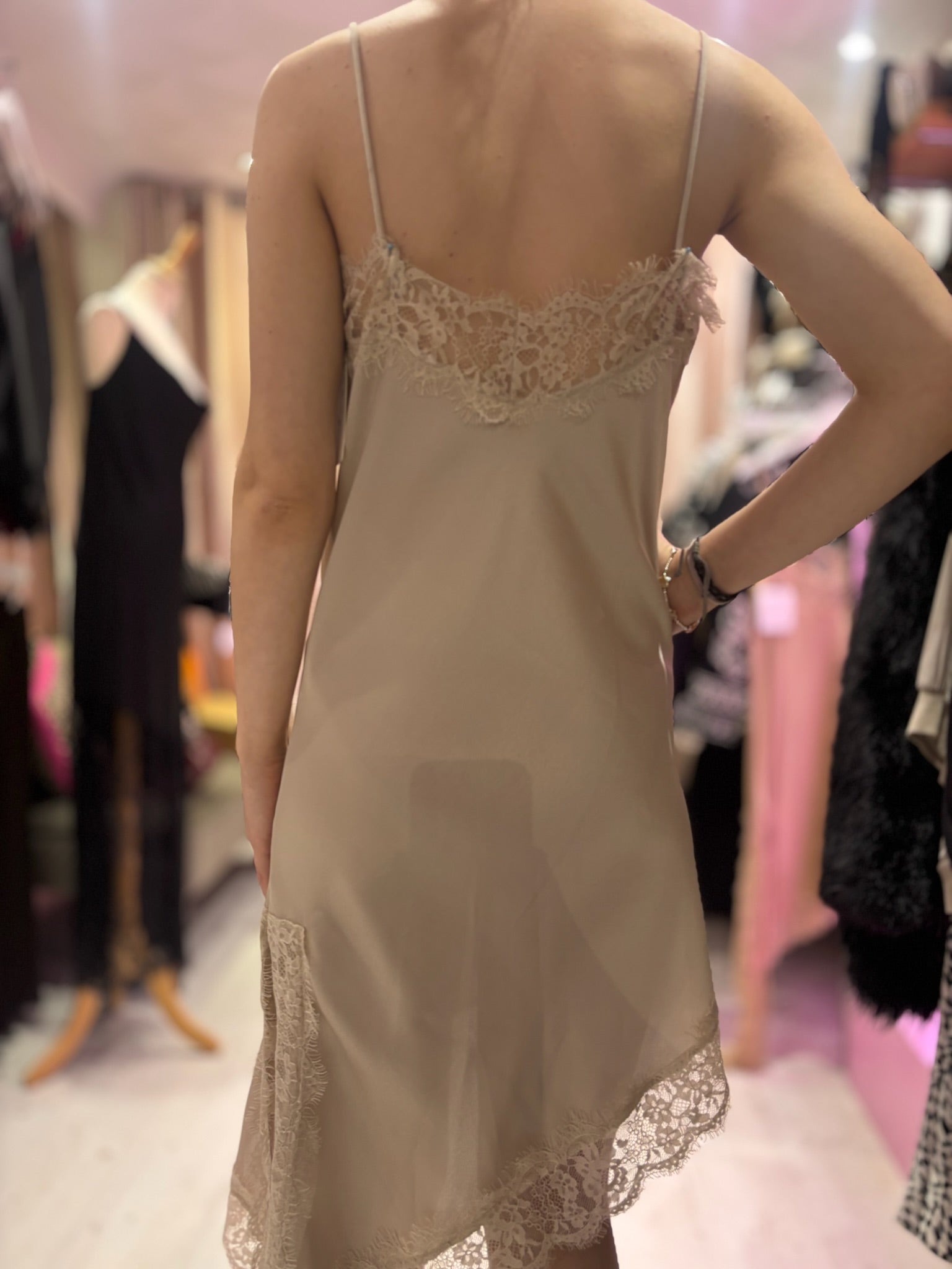 Lace Detail Satin Asymmetric Dress | Champagne