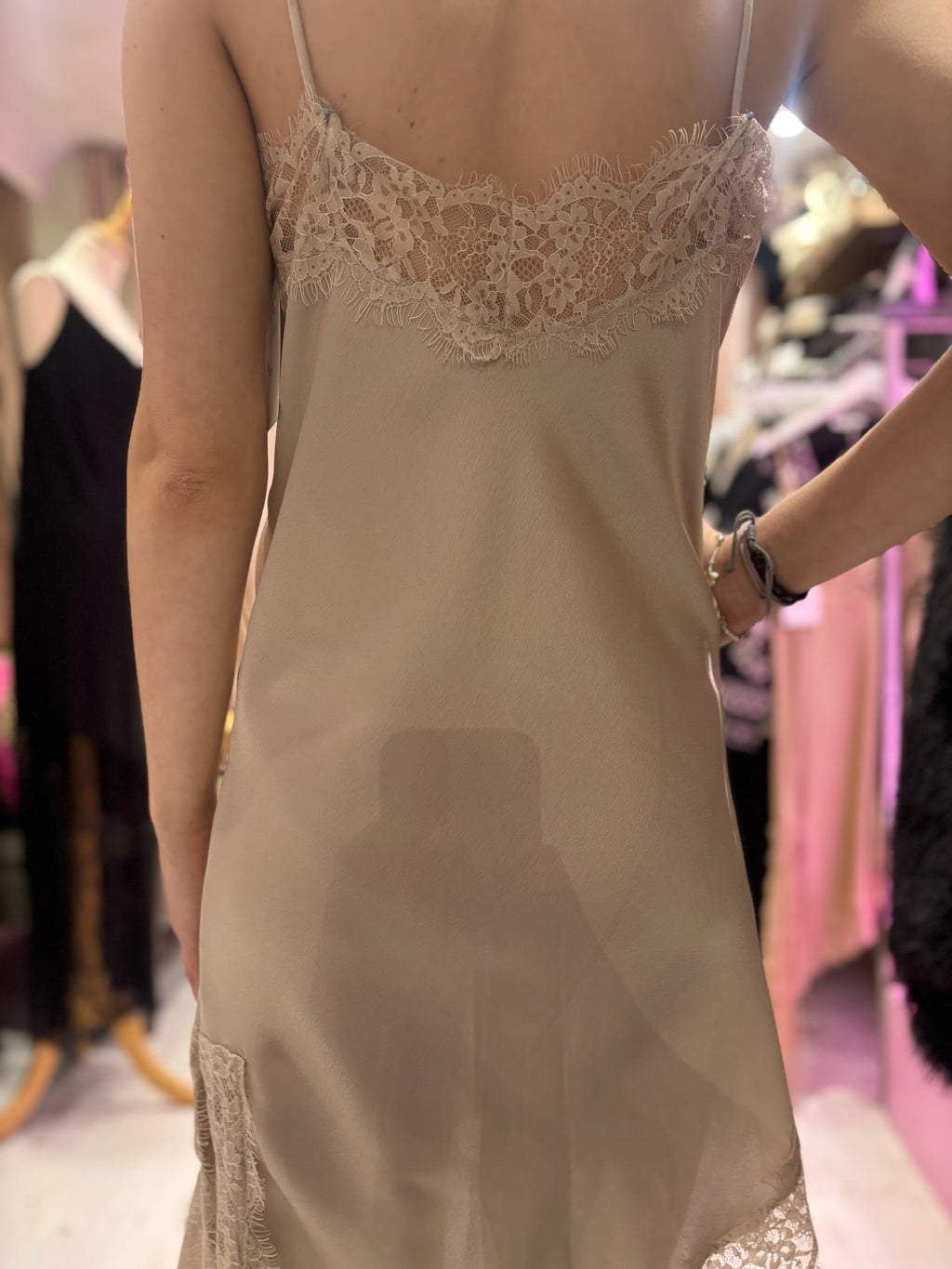 Lace Detail Satin Asymmetric Dress | Champagne