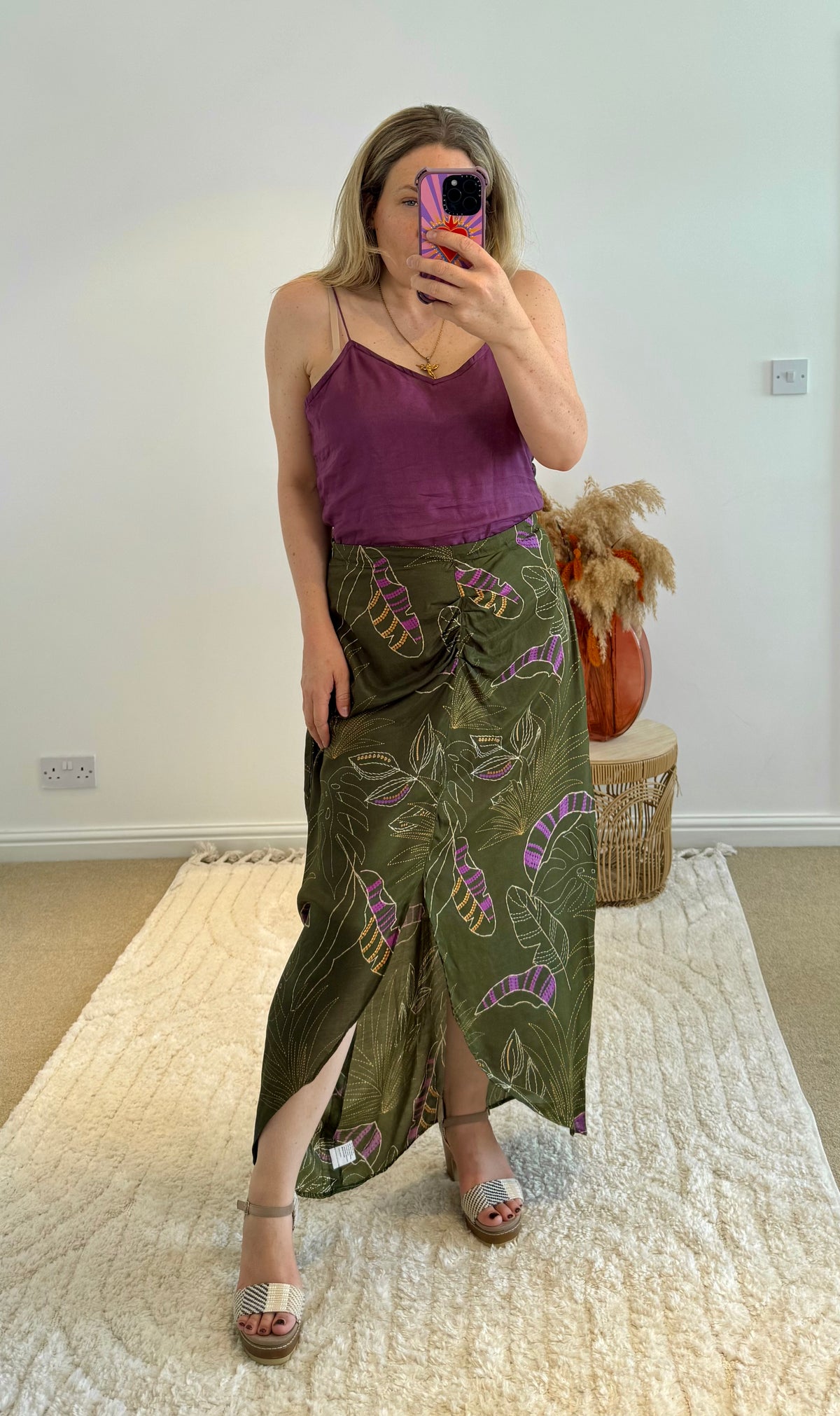 Thea Split Front Maxi Skirt | Khaki Graphic Tropical Print
