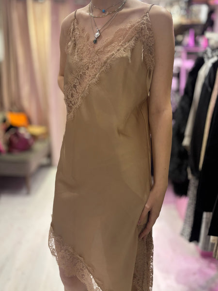 Lace Detail Satin Asymmetric Dress | Champagne