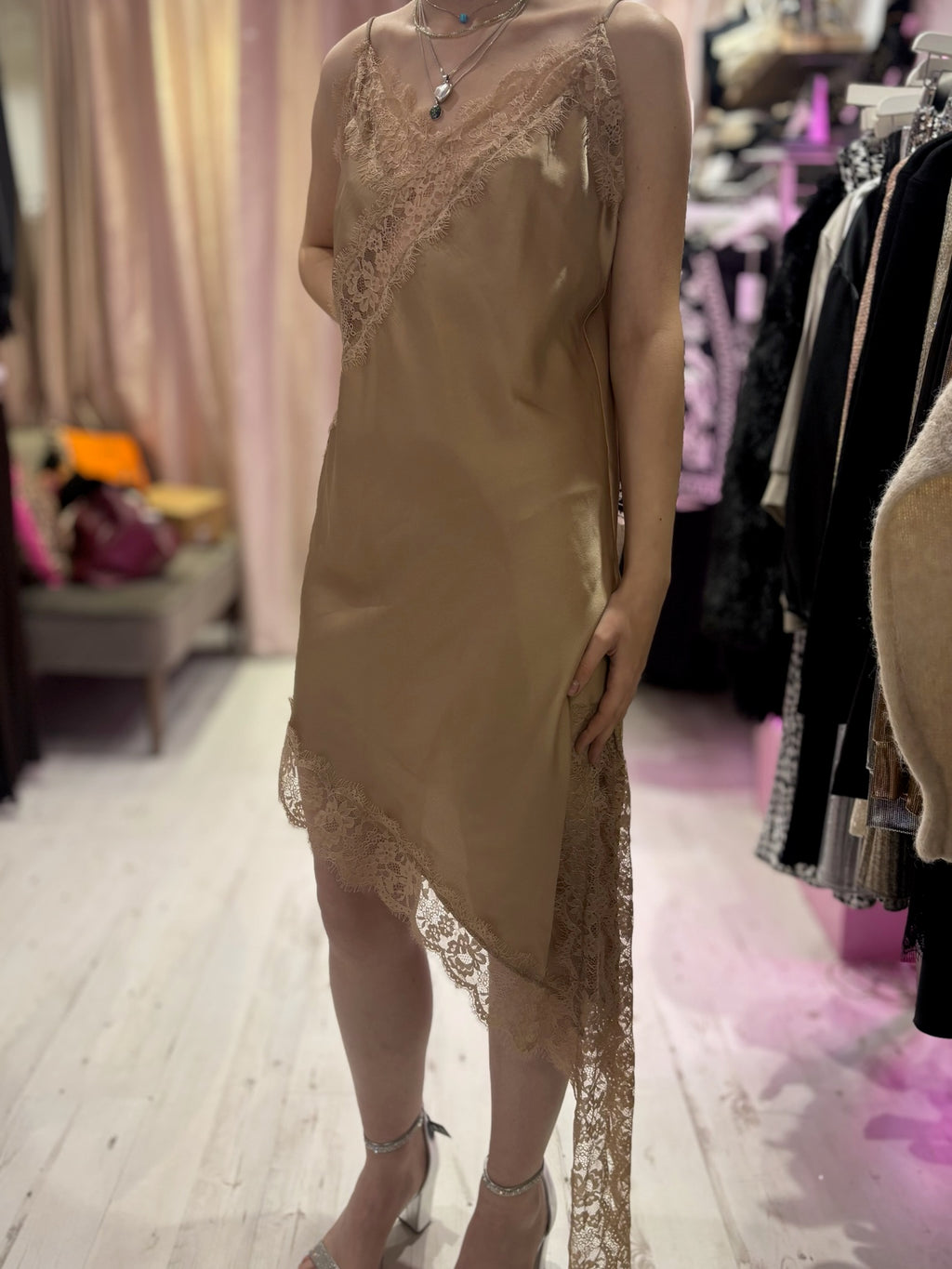 Lace Detail Satin Asymmetric Dress | Champagne