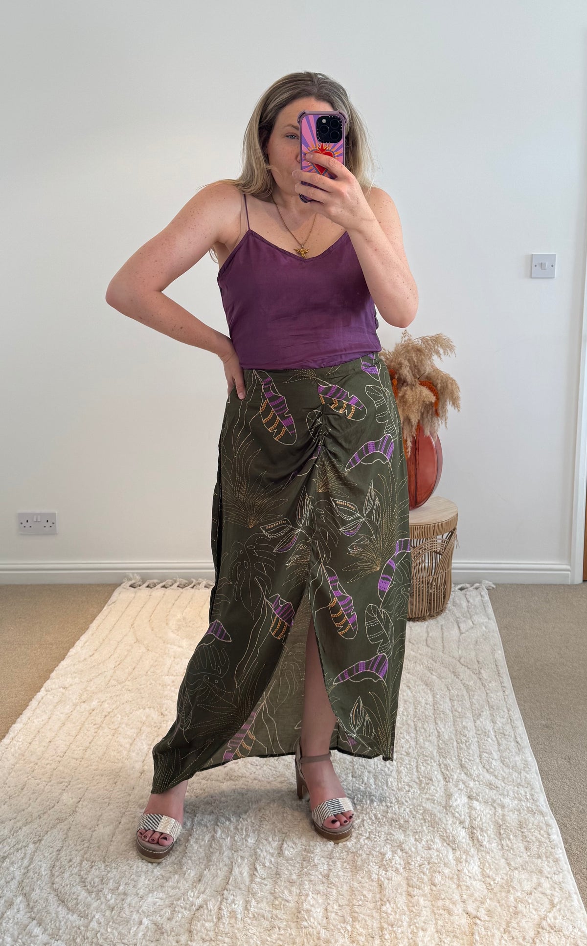 Thea Split Front Maxi Skirt | Khaki Graphic Tropical Print