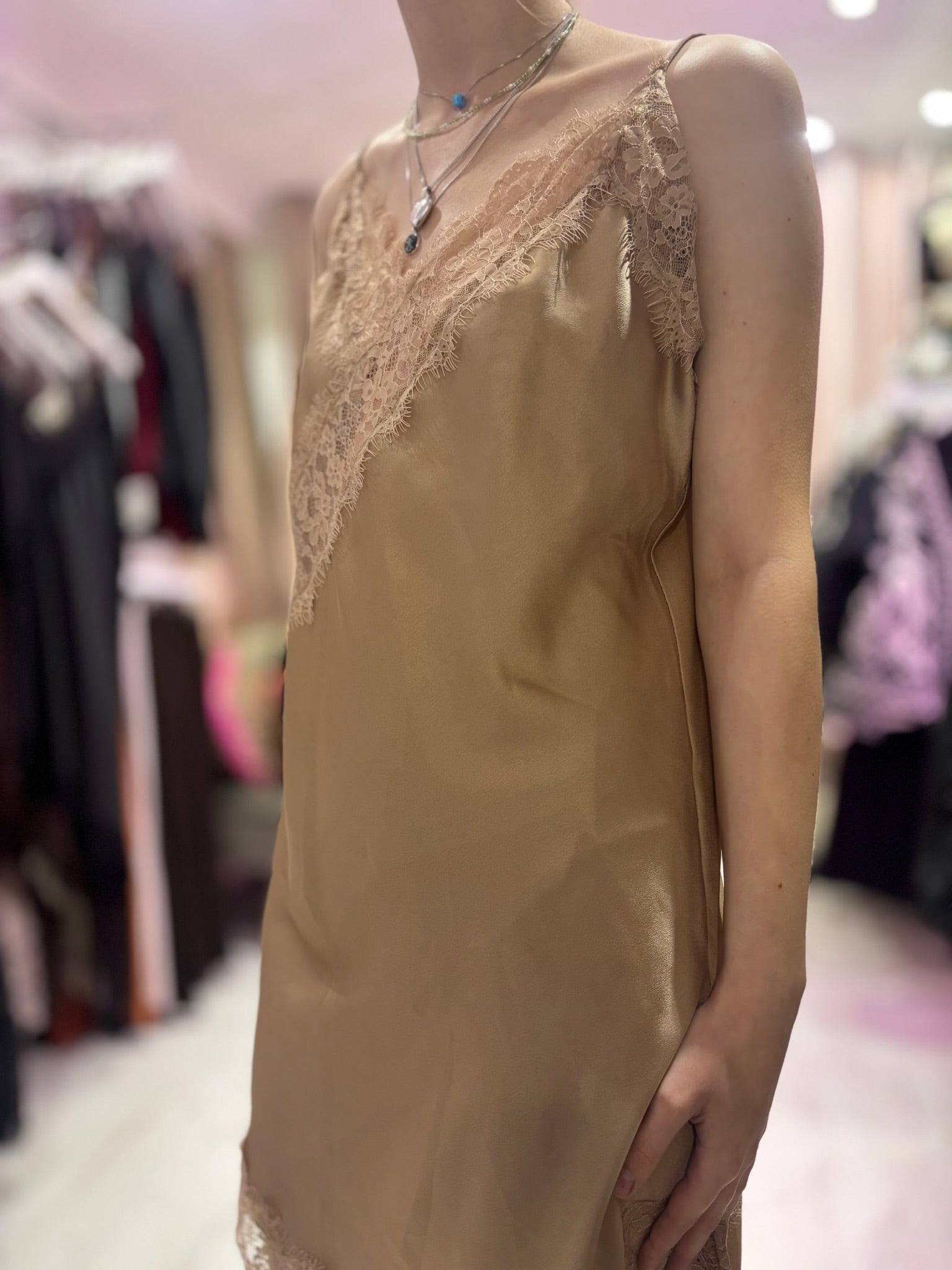 Lace Detail Satin Asymmetric Dress | Champagne