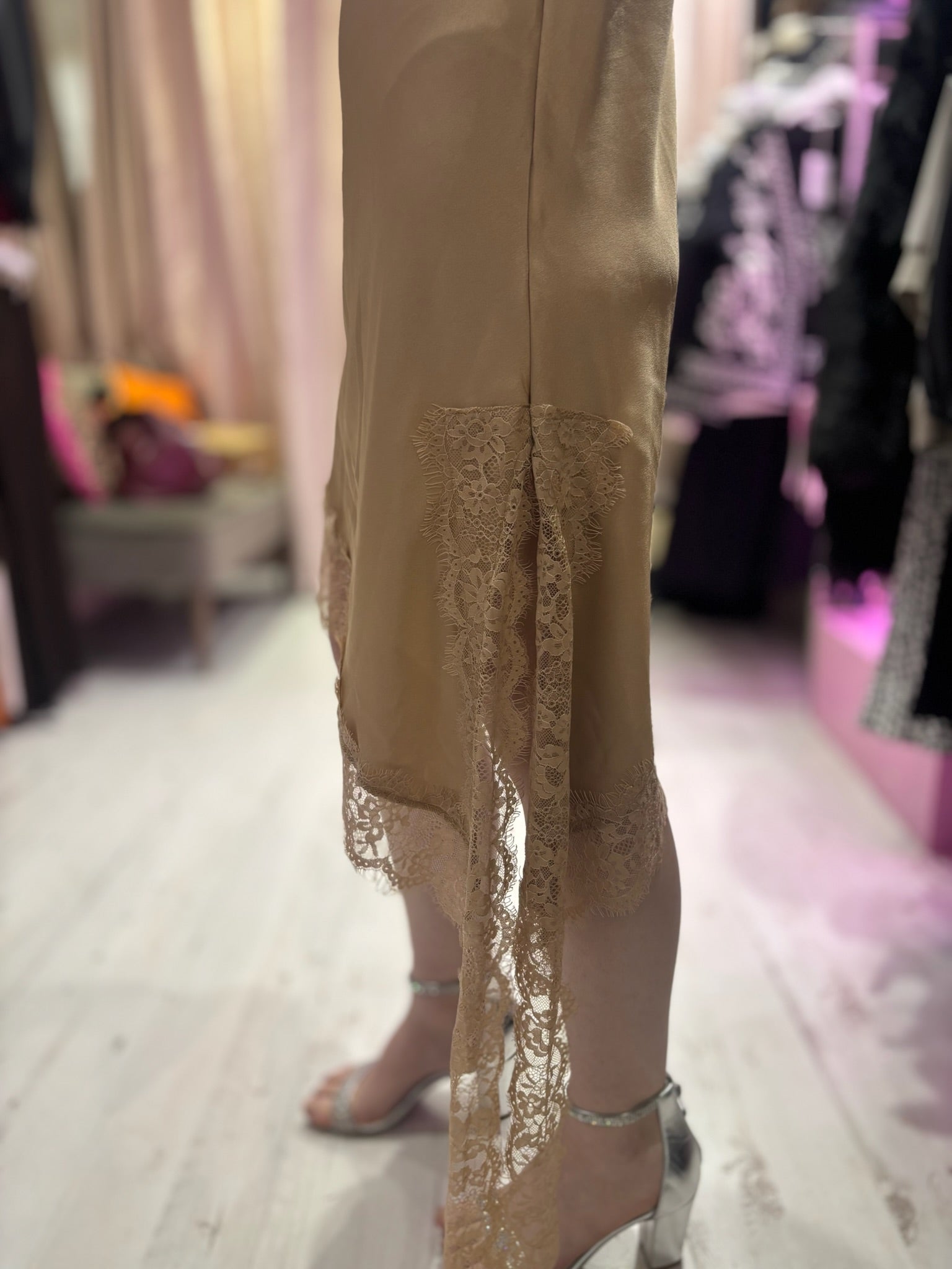 Lace Detail Satin Asymmetric Dress | Champagne