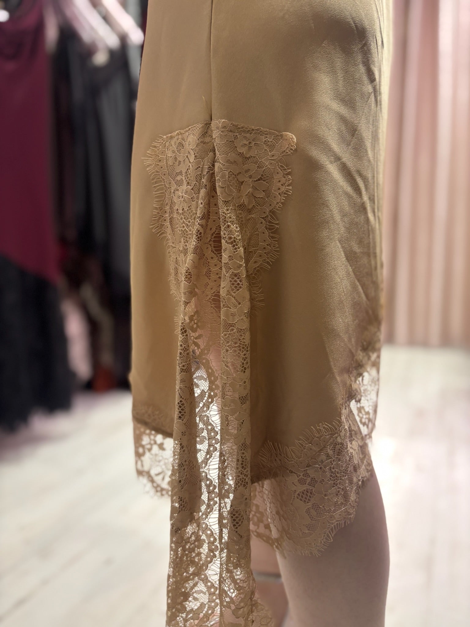Lace Detail Satin Asymmetric Dress | Champagne