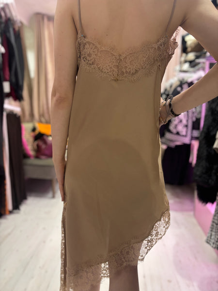 Lace Detail Satin Asymmetric Dress | Champagne