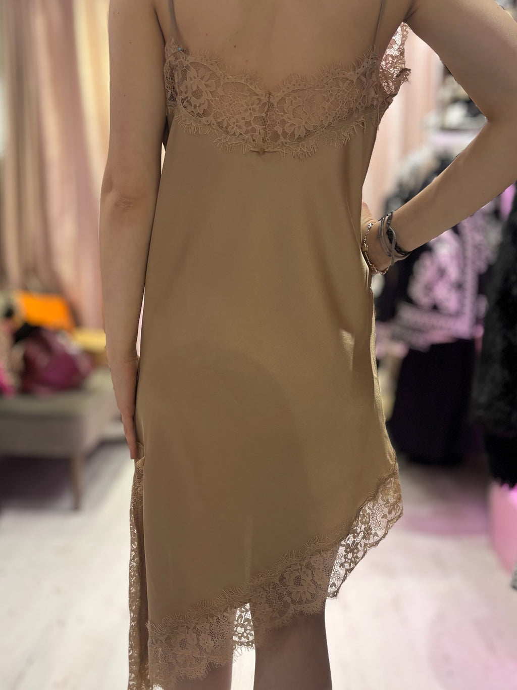 Lace Detail Satin Asymmetric Dress | Champagne