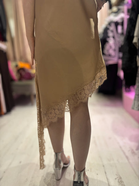 Lace Detail Satin Asymmetric Dress | Champagne