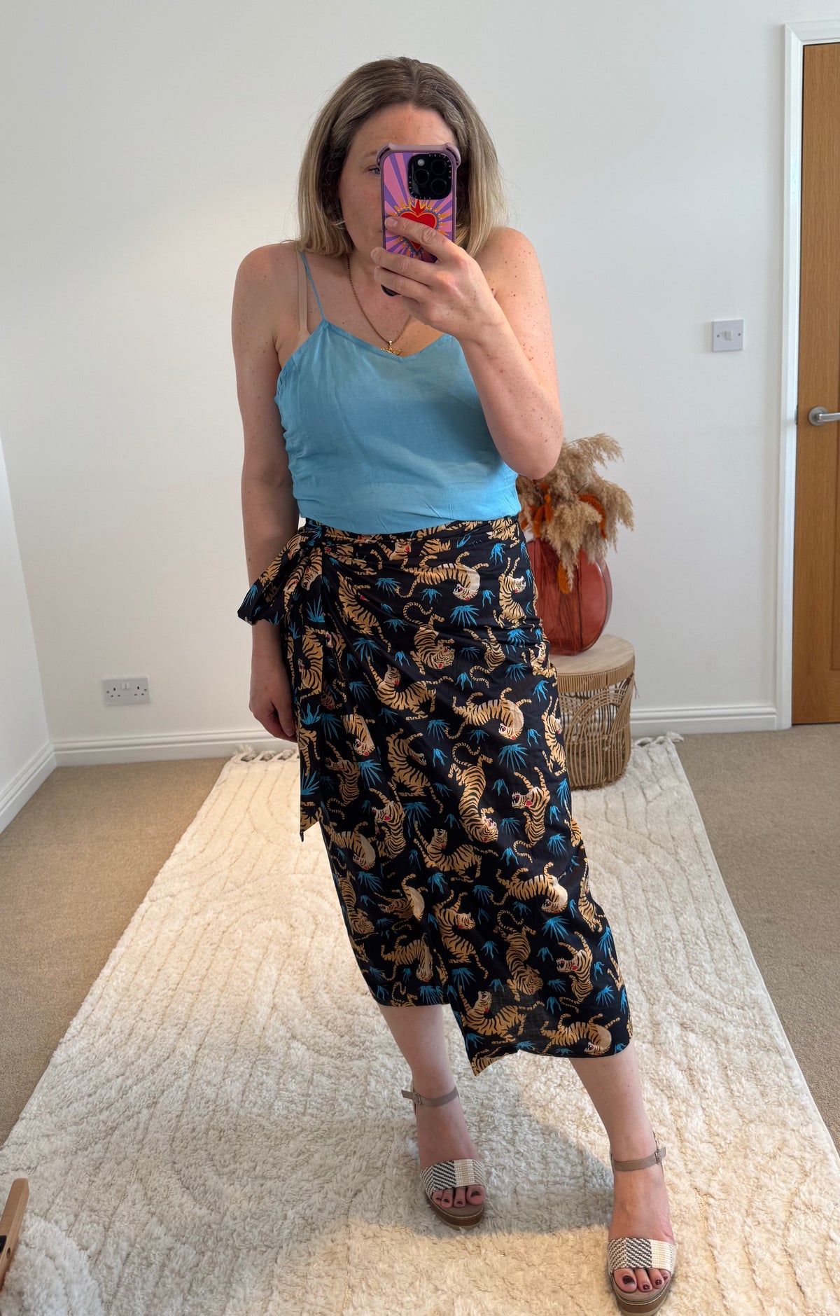 Tiger Print Cotton Wrap Midi Skirt | Black Multi