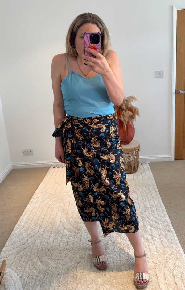 Tiger Print Cotton Wrap Midi Skirt | Black Multi