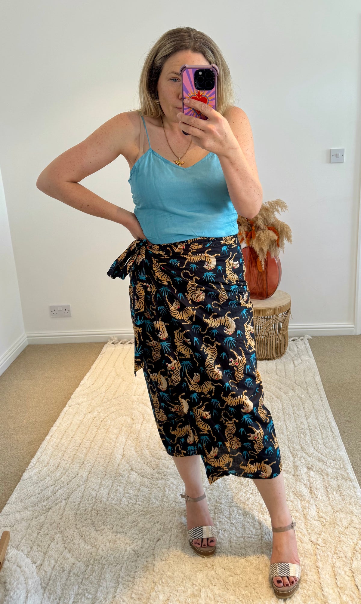 Tiger Print Cotton Wrap Midi Skirt | Black Multi