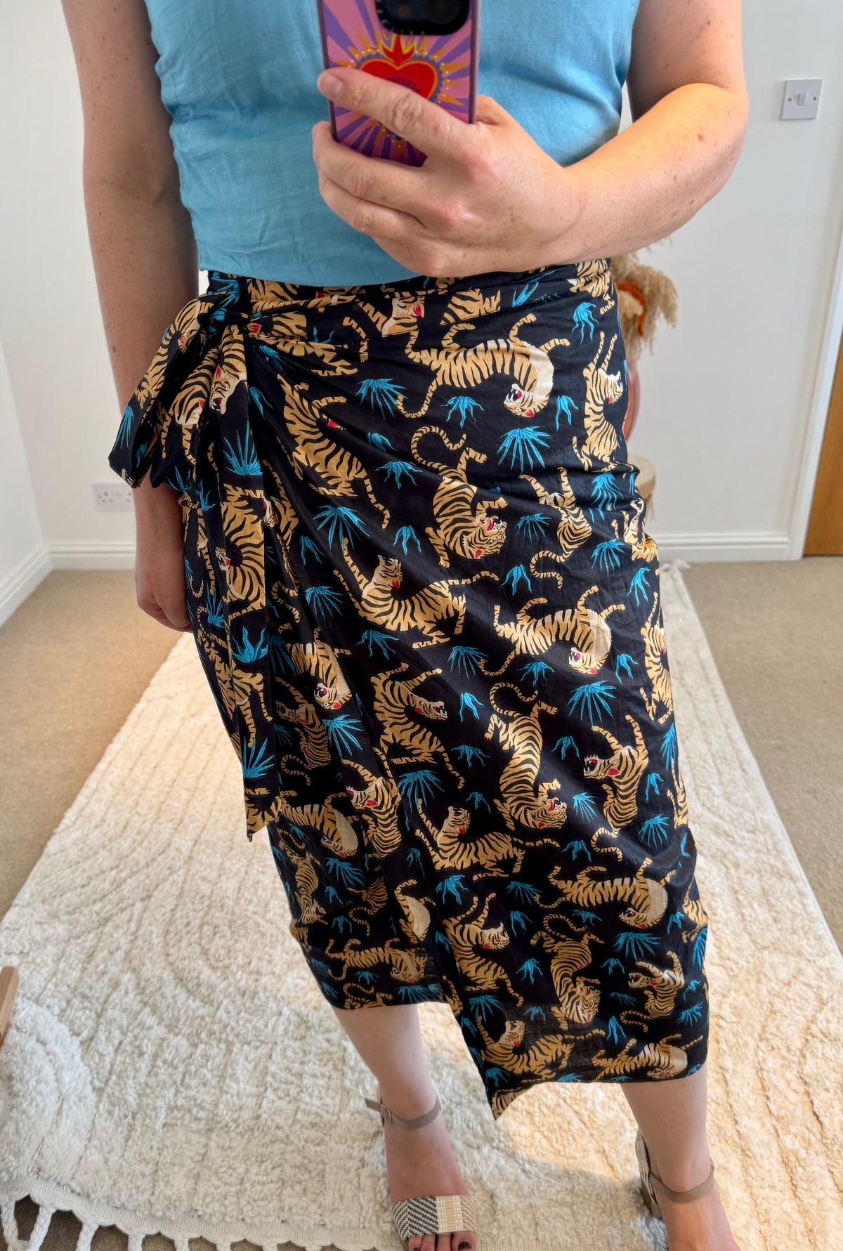 Tiger Print Cotton Wrap Midi Skirt | Black Multi