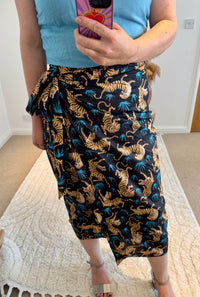 Tiger Print Cotton Wrap Midi Skirt | Black Multi