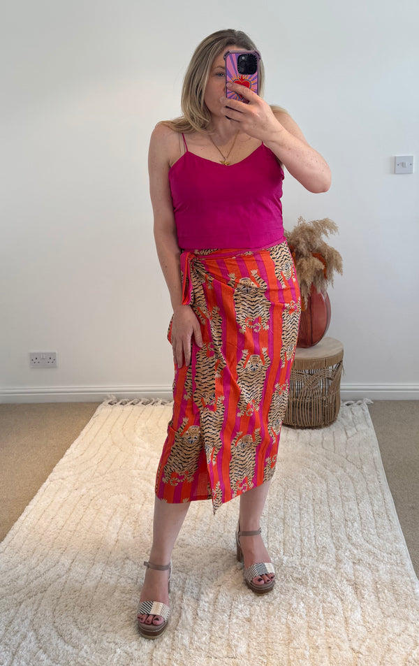 Tiger/Stripes Bright Cotton Wrap Midi Skirt | Pink/Orange
