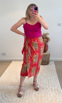 Tiger/Stripes Bright Cotton Wrap Midi Skirt | Pink/Orange