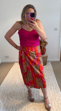 Tiger/Stripes Bright Cotton Wrap Midi Skirt | Pink/Orange